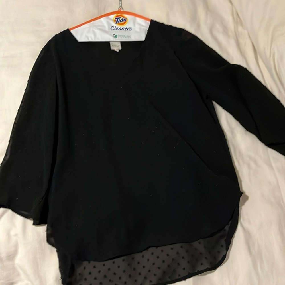 Black and gold blouse with high low hem
